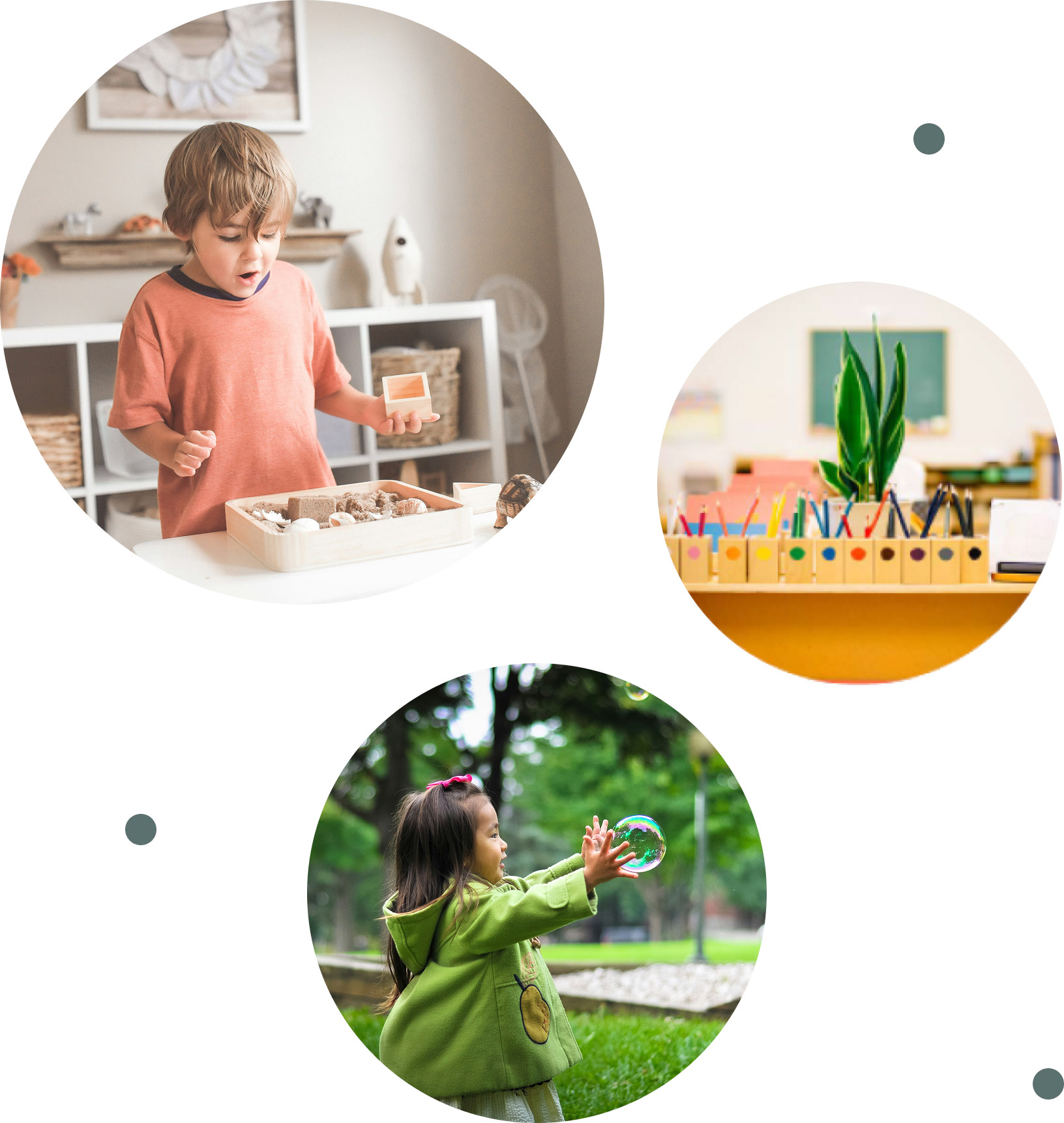 A boy examines objects in a tray indoors, a classroom desk with plants and pencils, and a girl plays with bubbles outside.