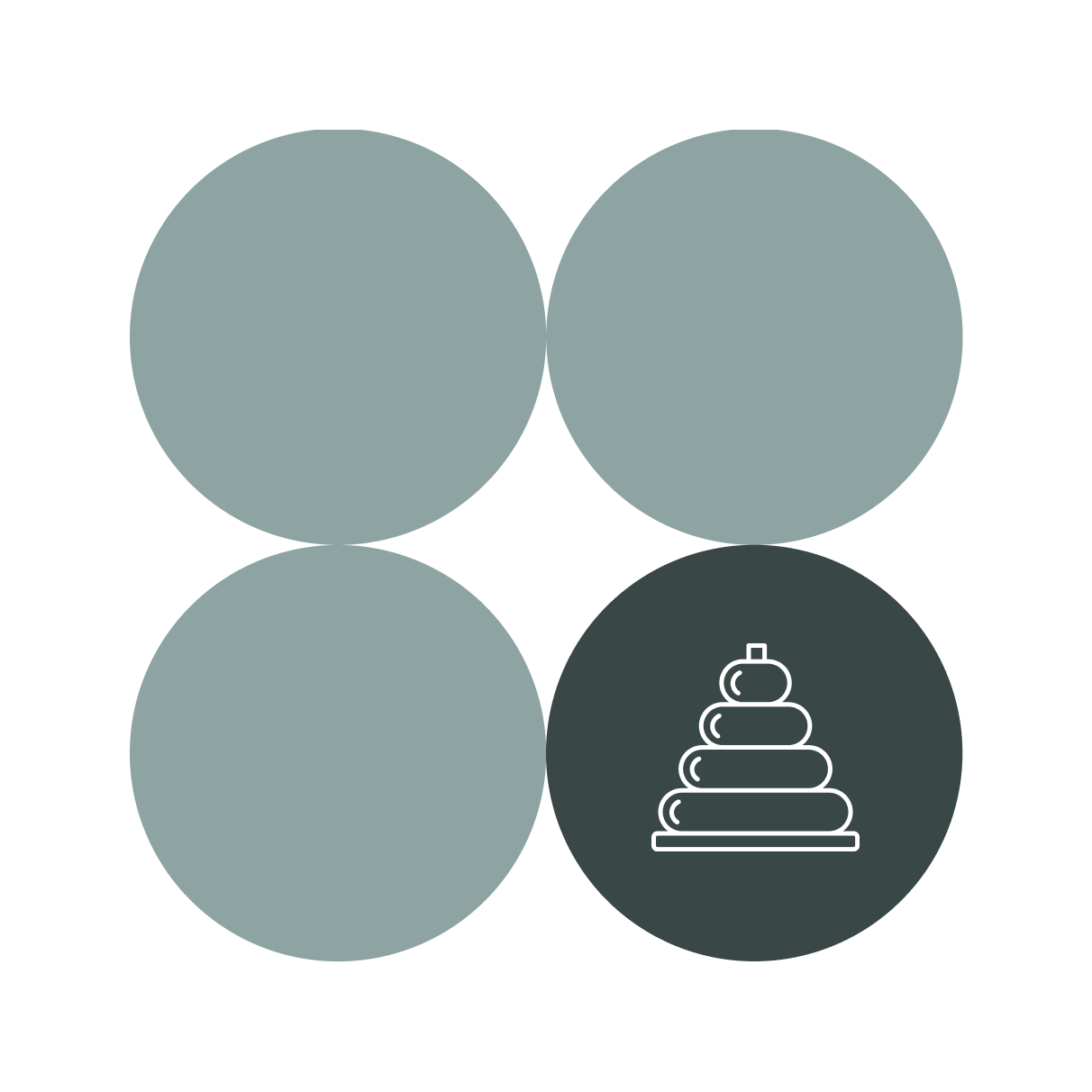 Four circles arranged in a square shape; three are light gray-green and one is dark with a white outline of a stacking ring toy in the bottom right circle.